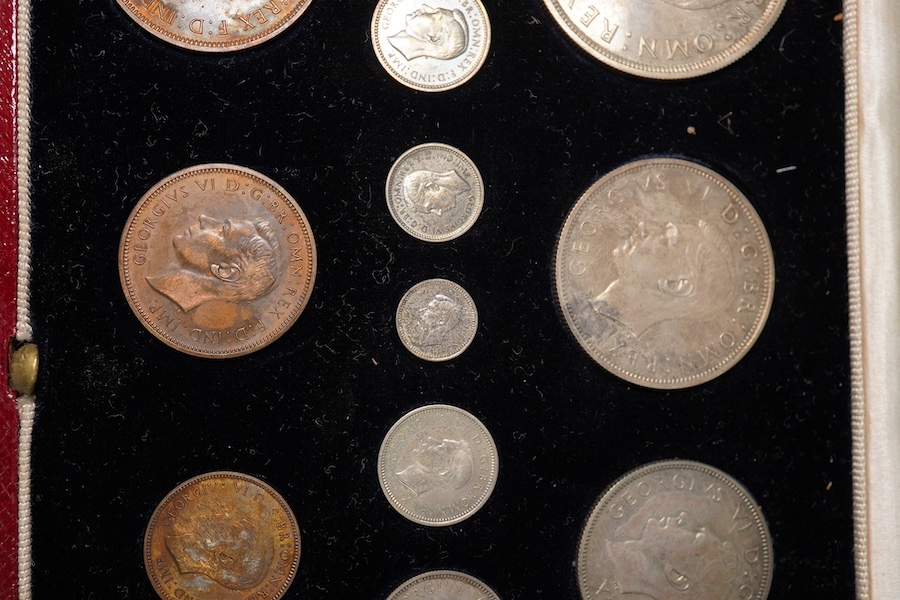 British coins, George VI, 1937 specimen fifteen coin set, comprising silver crown to threepence and Maundy 1d to 4d, brass threepence, copper penny to farthing, tarnished UNC, fitted leather case slightly warped and stai